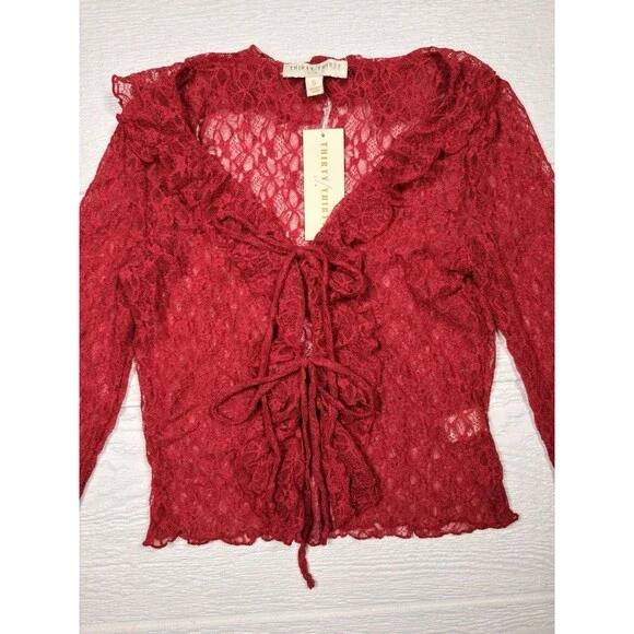 Thirty Thirty LA Red Lace Ruffle Tie Front Top Bell Sleeve Sheer Coquette NWT - Picture 4 of 15